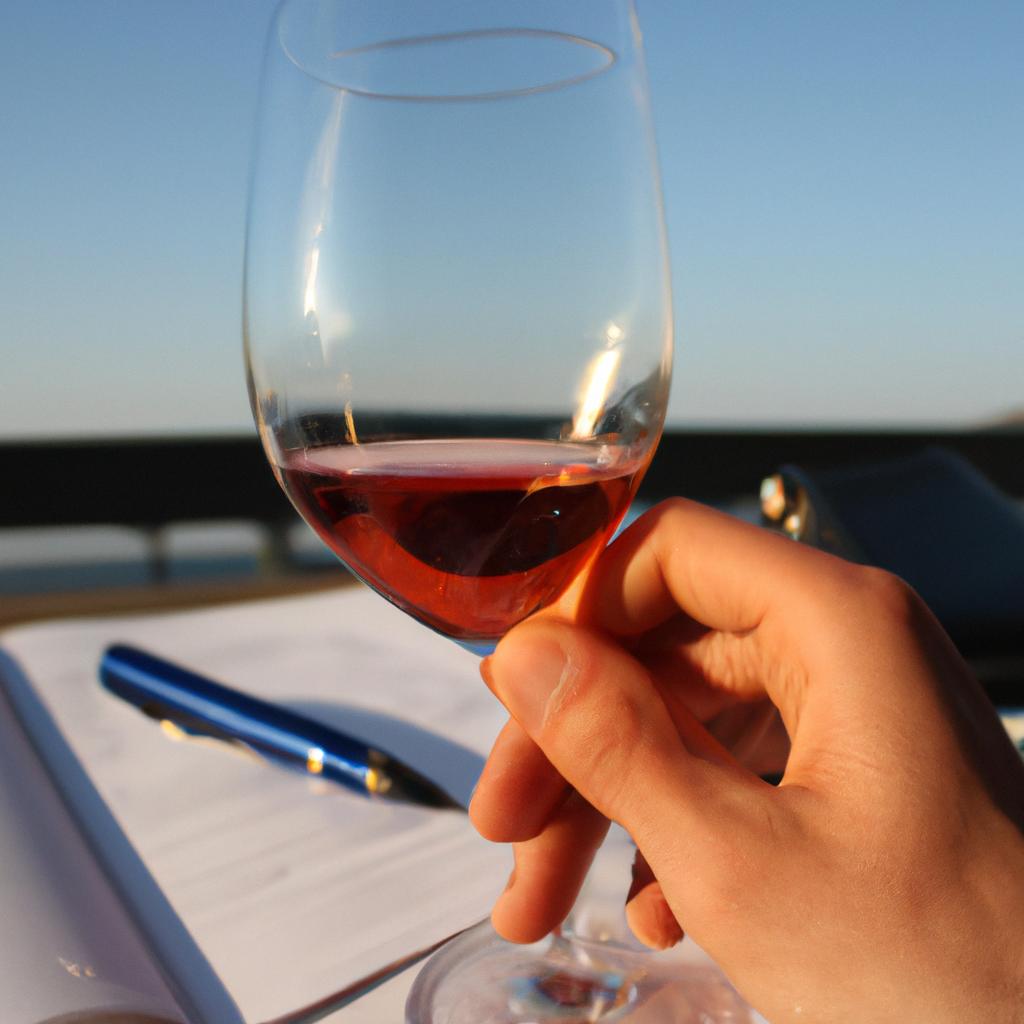 Person holding wine glass, studying